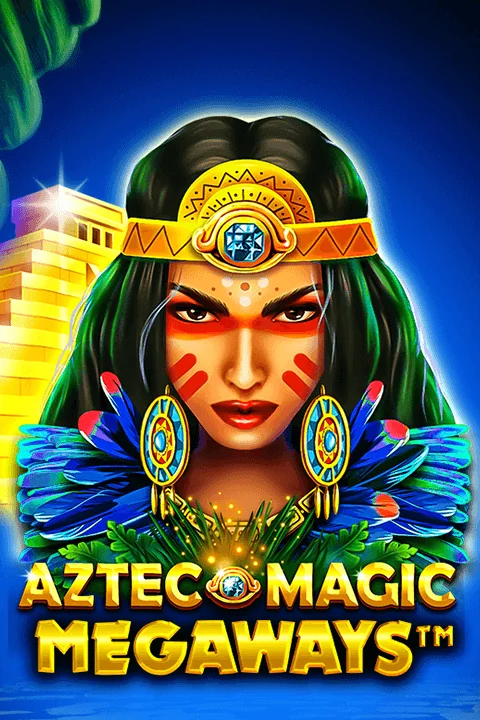 Slot tile for Aztec Magic Megaways featuring a close-up of an Aztec woman with face paint, gold headdress, and blue feathers, with a temple in the background and gold game title text at the bottom.