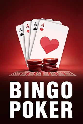 A promotional image for a game called Bingo Poker, featuring four aces playing cards, poker chips, and a bingo card on a red background.