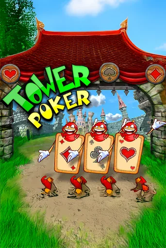 Three anthropomorphic playing card characters walking out of a pagoda-style gate, with a castle in the background.