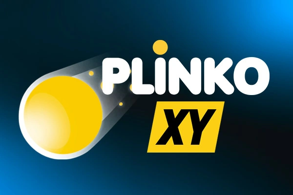 The logo for the game Plinko XY, featuring a yellow ball with a motion trail on a blue background.