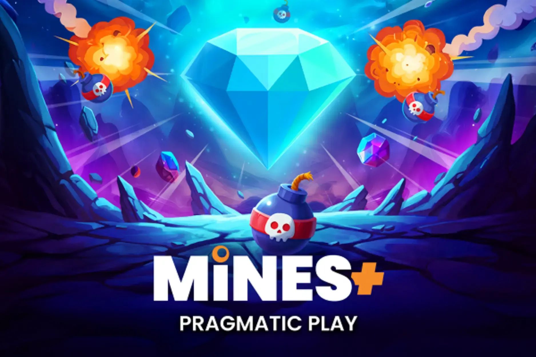 A promotional image for the game Mines+ featuring a large diamond at the center, with bombs and explosions on a purple and blue rocky background.