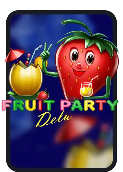 A cartoon strawberry character gives a peace sign next to a tropical drink in a coconut shell.